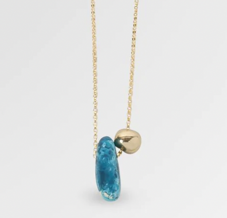 Dinosaur Designs Joie de vivre necklace, blue resin pebble and gold bead on fine gold chain