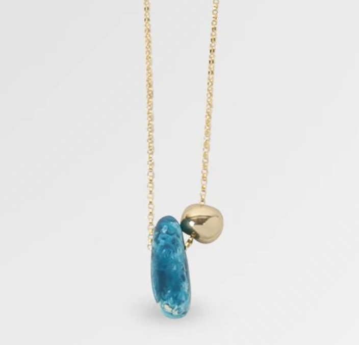 Dinosaur Designs Joie de vivre necklace, blue resin pebble and gold bead on fine gold chain