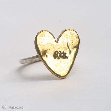 Flick Pope brass heart ring on a silver band, hand-stamped 'Flick'