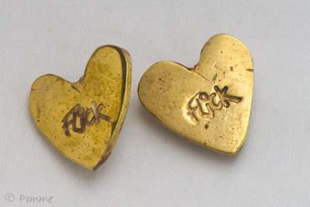 Flick Pope brass heart stud earrings, hand-stamped 'Flick'