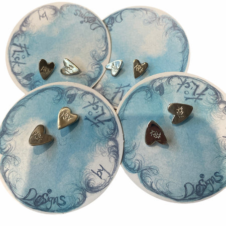 Flick Pope brass and silver heart stud earrings on Designs by Flick cards