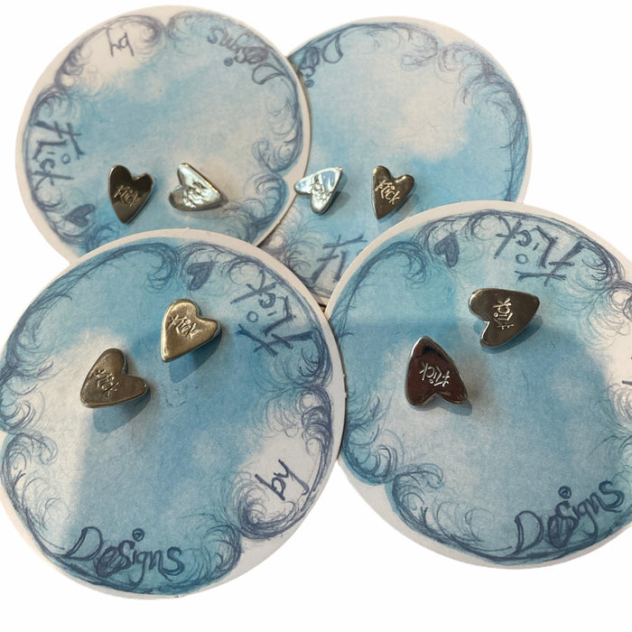 Flick Pope brass and silver heart stud earrings on Designs by Flick cards