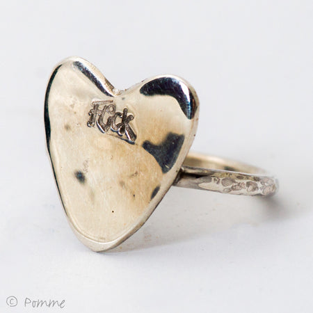 Flick Pope silver heart ring, hand-stamped 'Flick' on a silver band