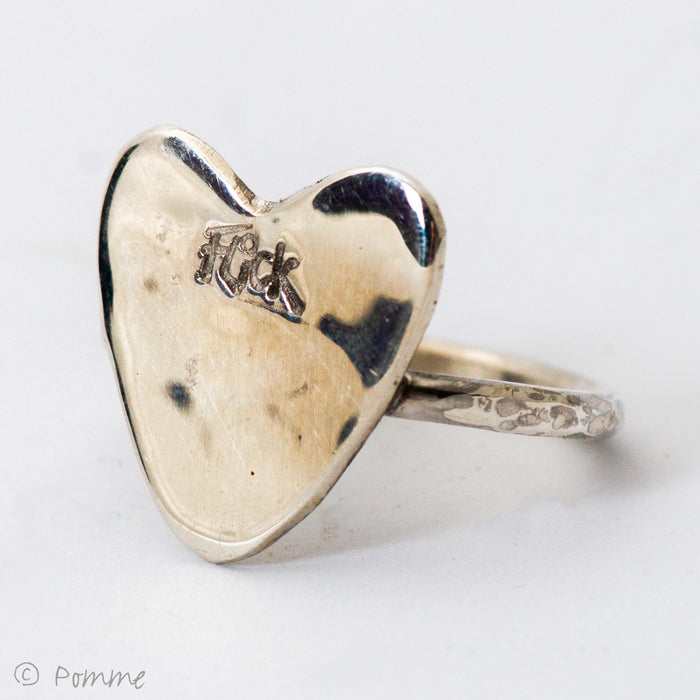 Flick Pope silver heart ring, hand-stamped 'Flick' on a silver band