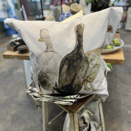 Helen Gunnersen hand painted linen cushion, ducks design