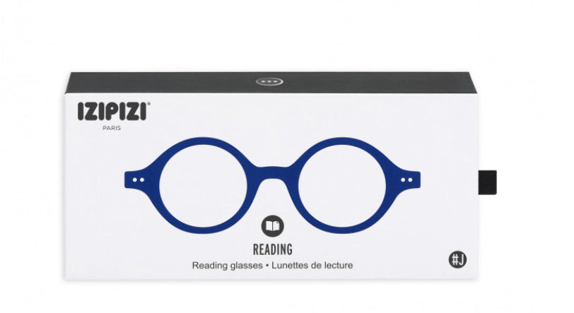 Izipizi round reading glasses in blue on their box