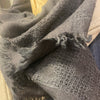 Close-up of Sophie Digard charcoal wool stole showing the open-weave embroidered pattern